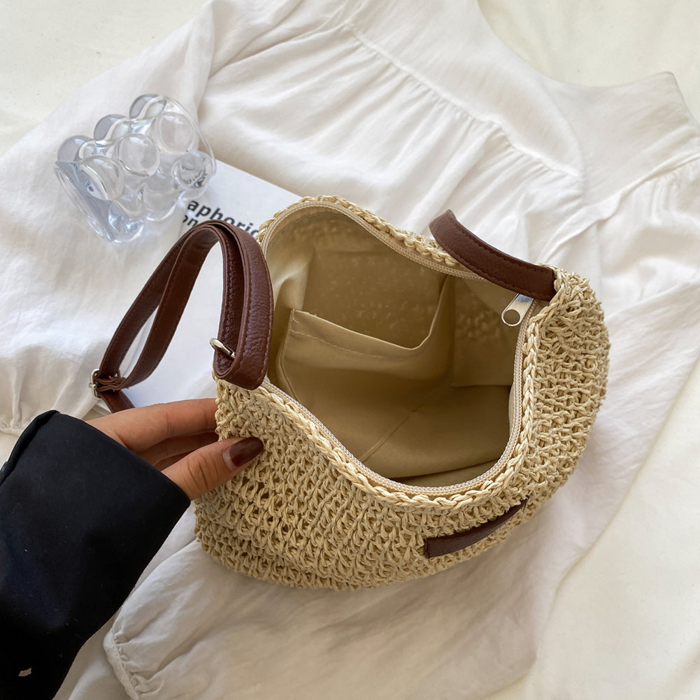 Sac bandoulière femme en paille tressée et similicuir