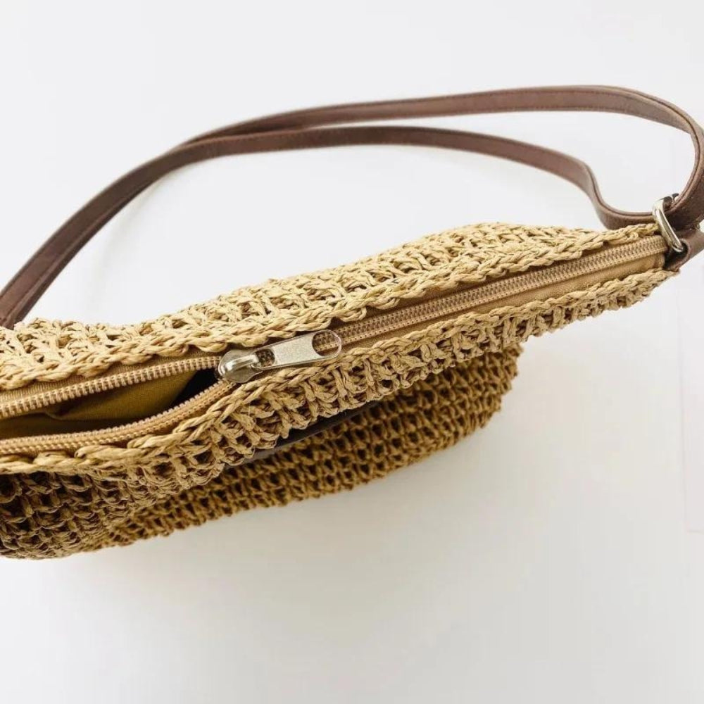 Sac bandoulière femme en paille tressée et similicuir
