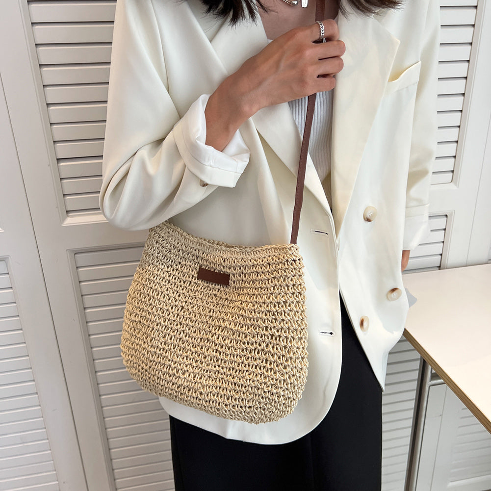 Sac bandoulière femme en paille tressée et similicuir