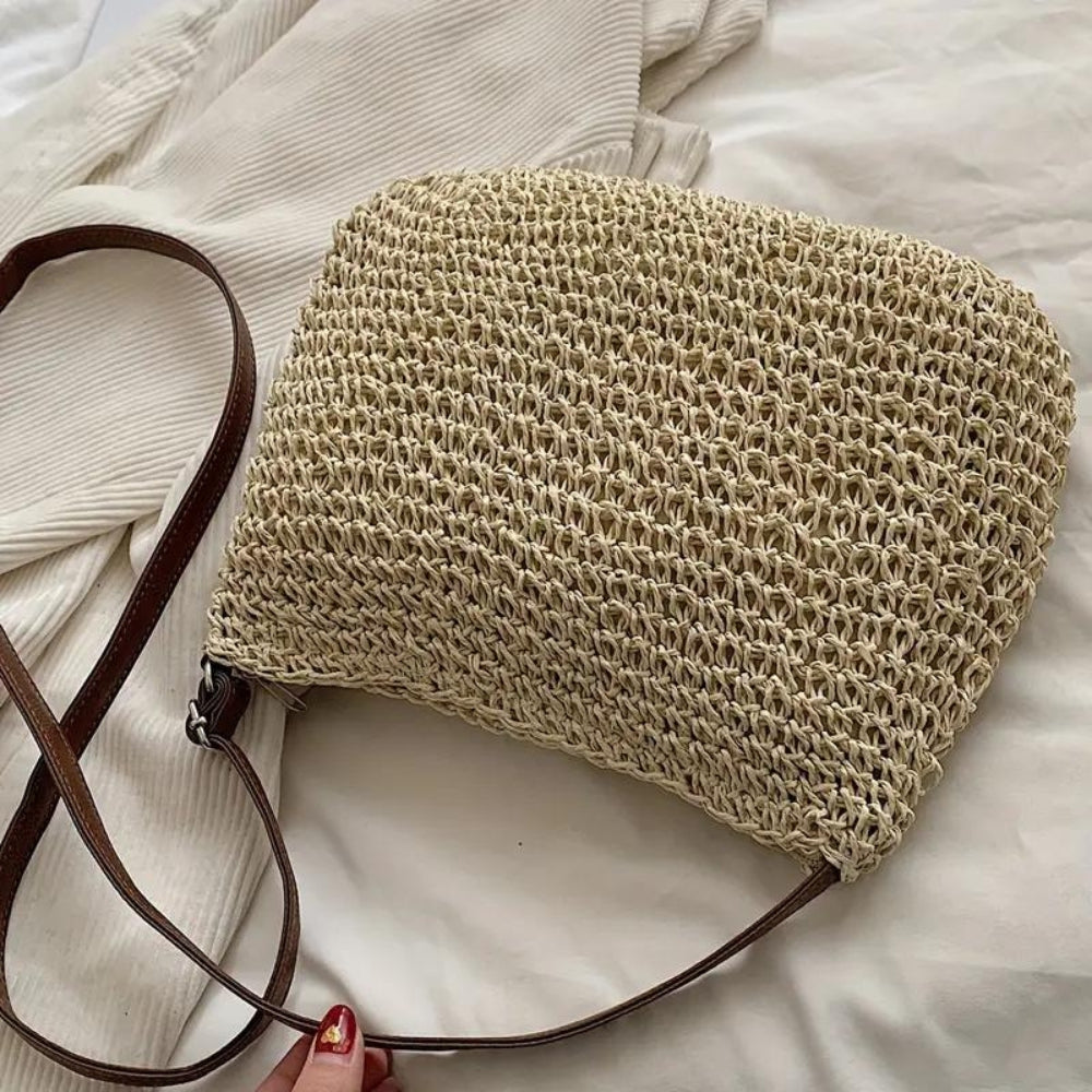 Sac bandoulière femme en paille tressée et similicuir