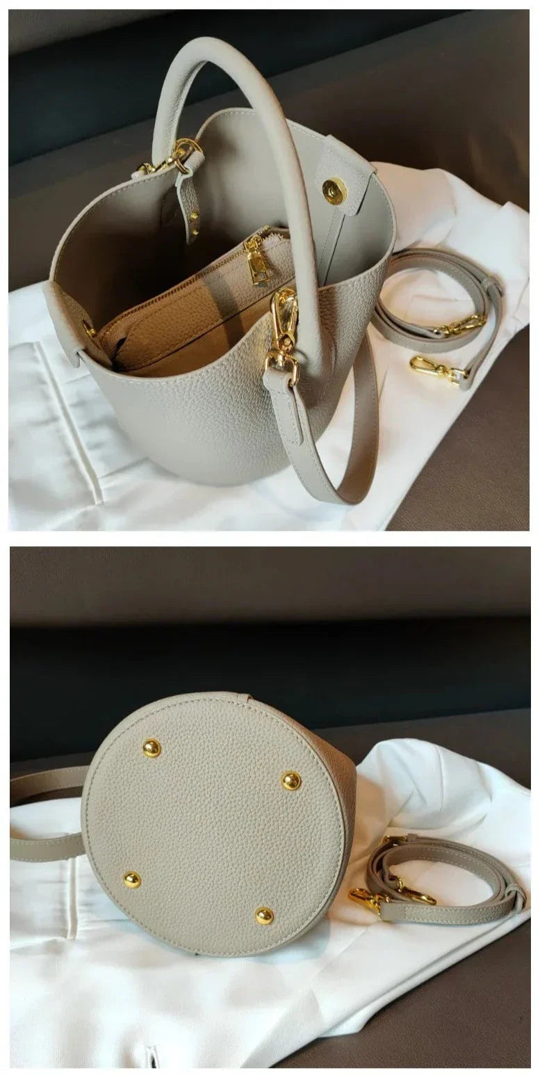 Petit sac seau femme en cuir grainé, anse rigide arrondie