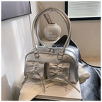 Sac à main femme argenté effet métallisé, poches à rabat et nœuds