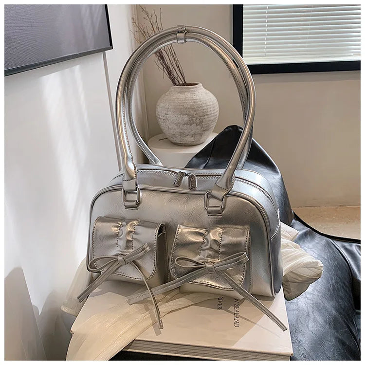 Sac à main femme argenté effet métallisé, poches à rabat et nœuds