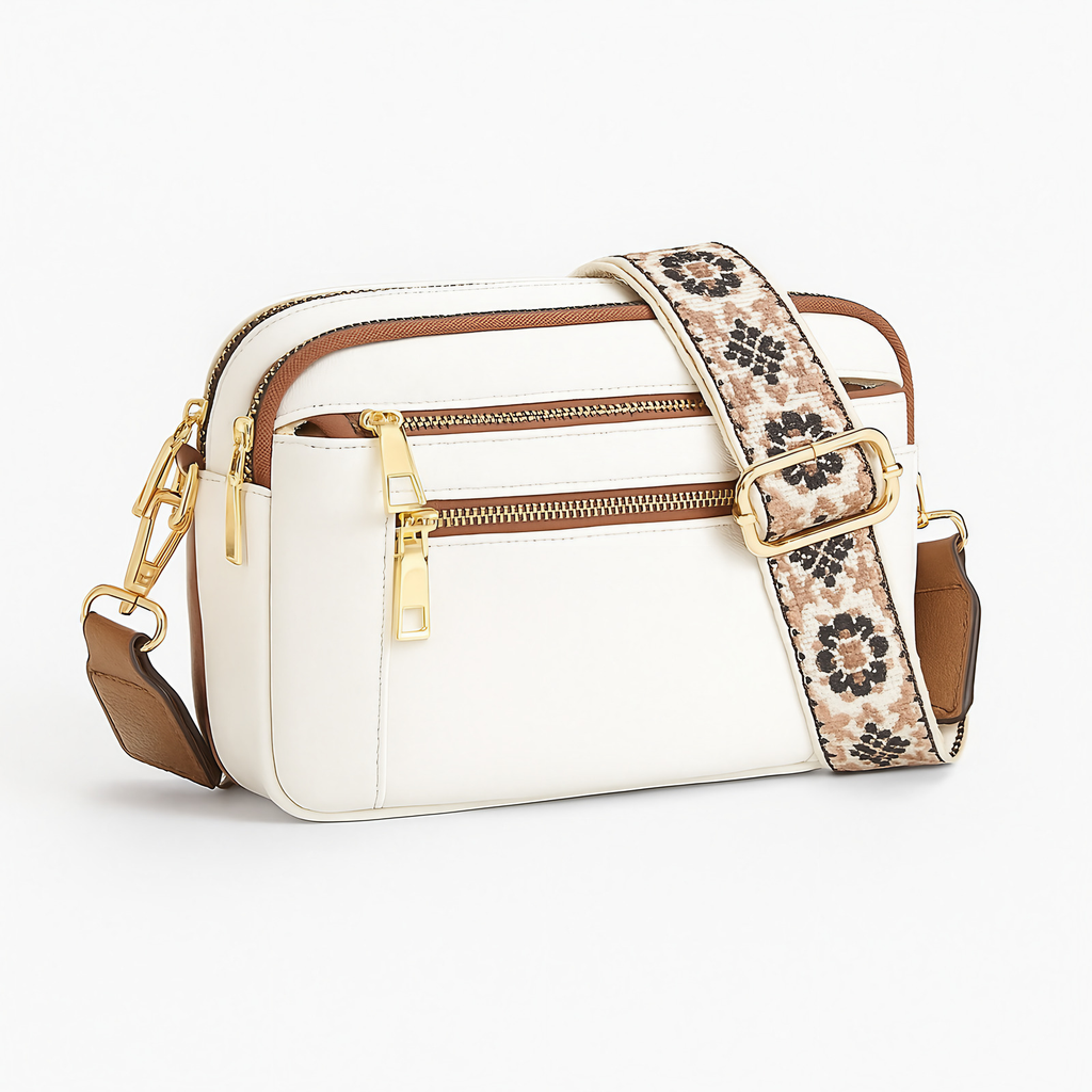 Sac bandoulière femme style bohème, sangle réglable, sept coloris, blanc