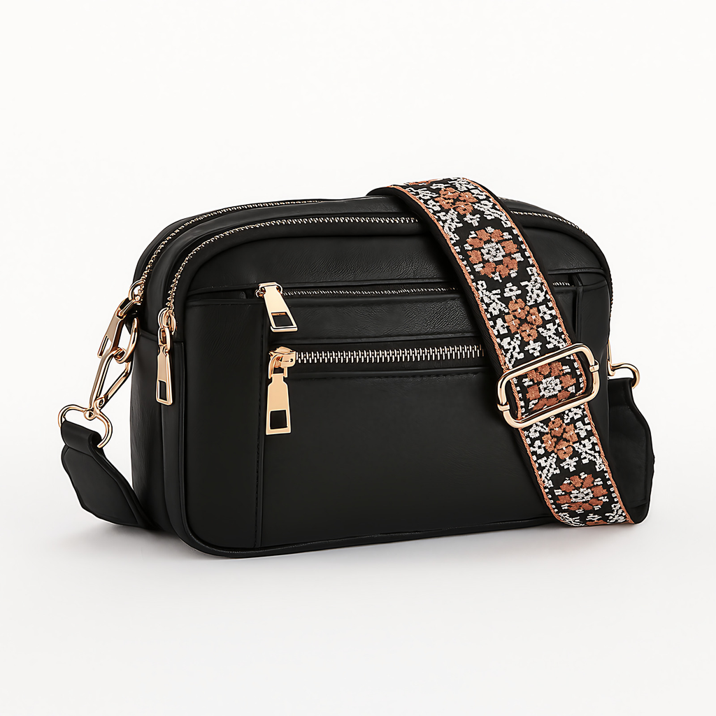 Sac bandoulière femme style bohème, sangle réglable, sept coloris, noir