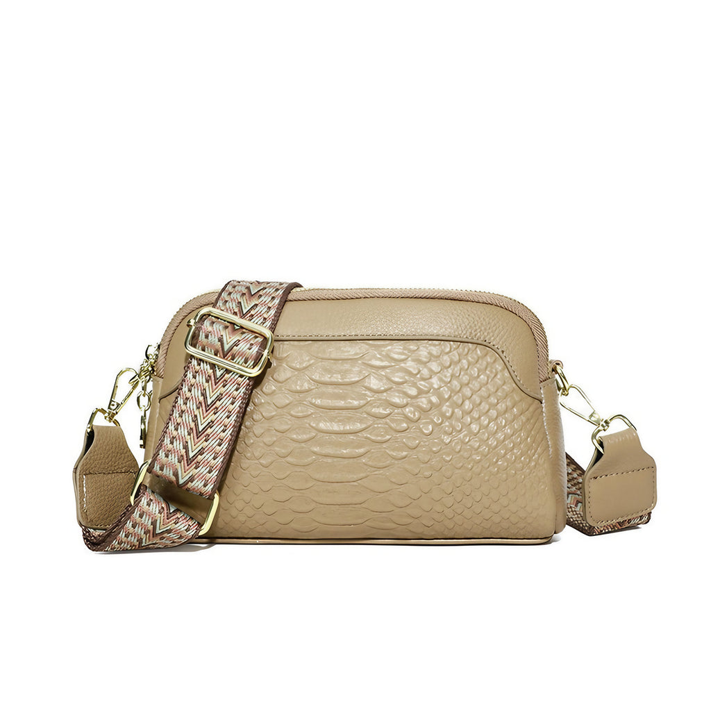 Sac effet croco femme, large bandoulière à motif baroque, beige