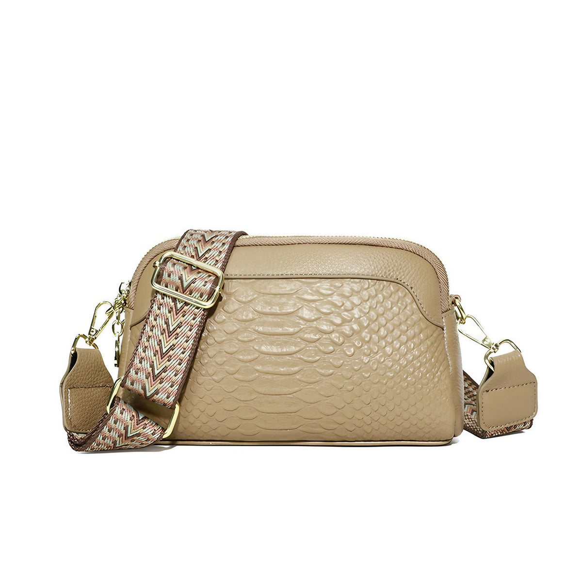 Sac effet croco femme, large bandoulière à motif baroque, beige