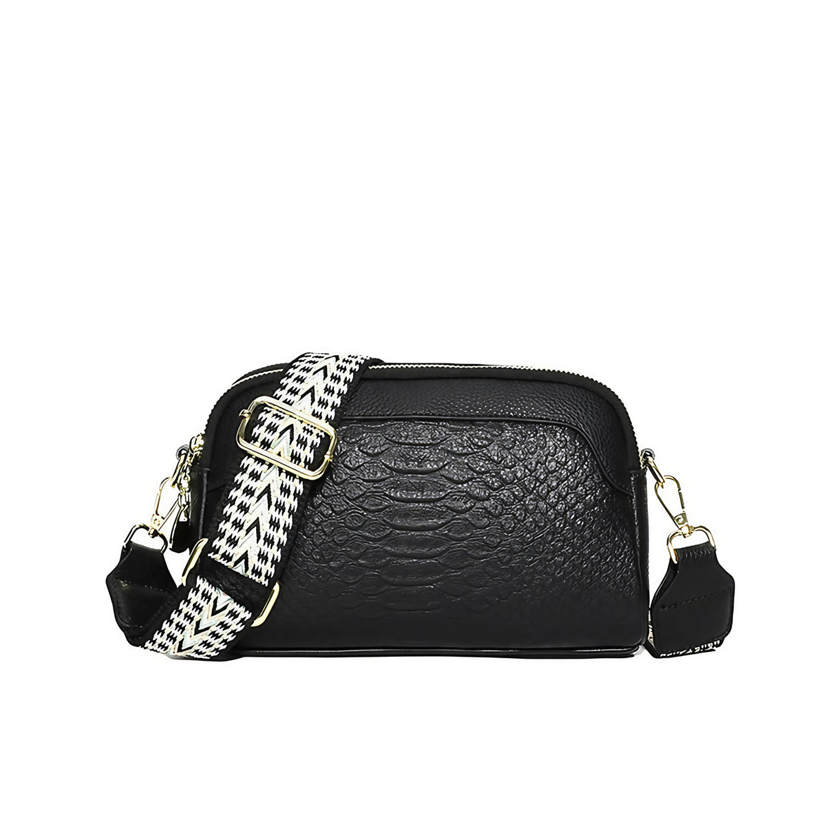 Sac effet croco femme, large bandoulière à motif baroque, noir