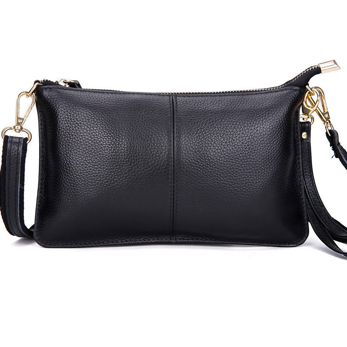 Sac bandoulière forme enveloppe en cuir grainé noir, noir