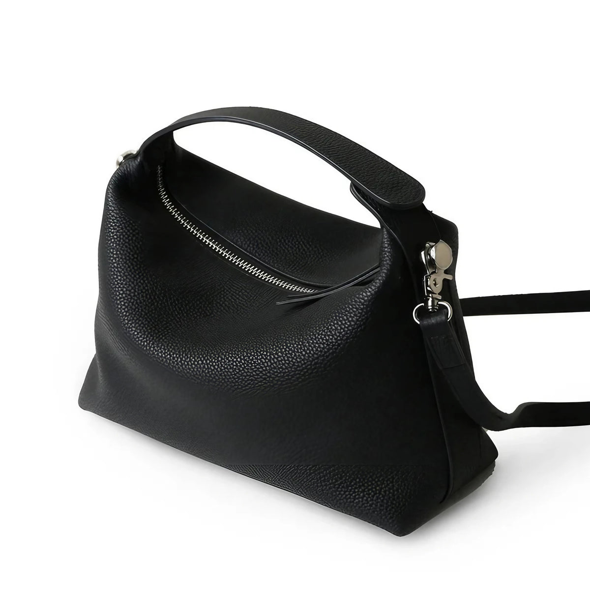 Petit sac bandoulière femme en cuir grainé, sangle amovible, noir