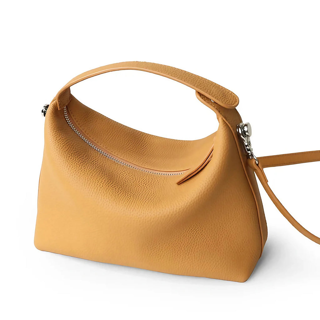 Petit sac bandoulière femme en cuir grainé, sangle amovible, biscuit