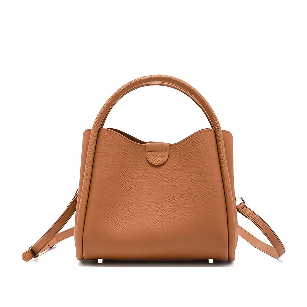 Sac bandoulière femme en cuir grainé, trois compartiments, camel
