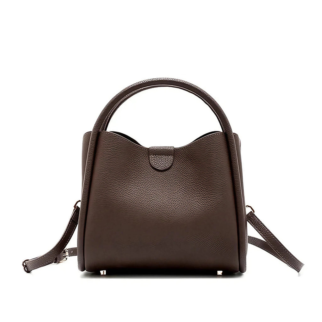 Sac bandoulière femme en cuir grainé, trois compartiments, café