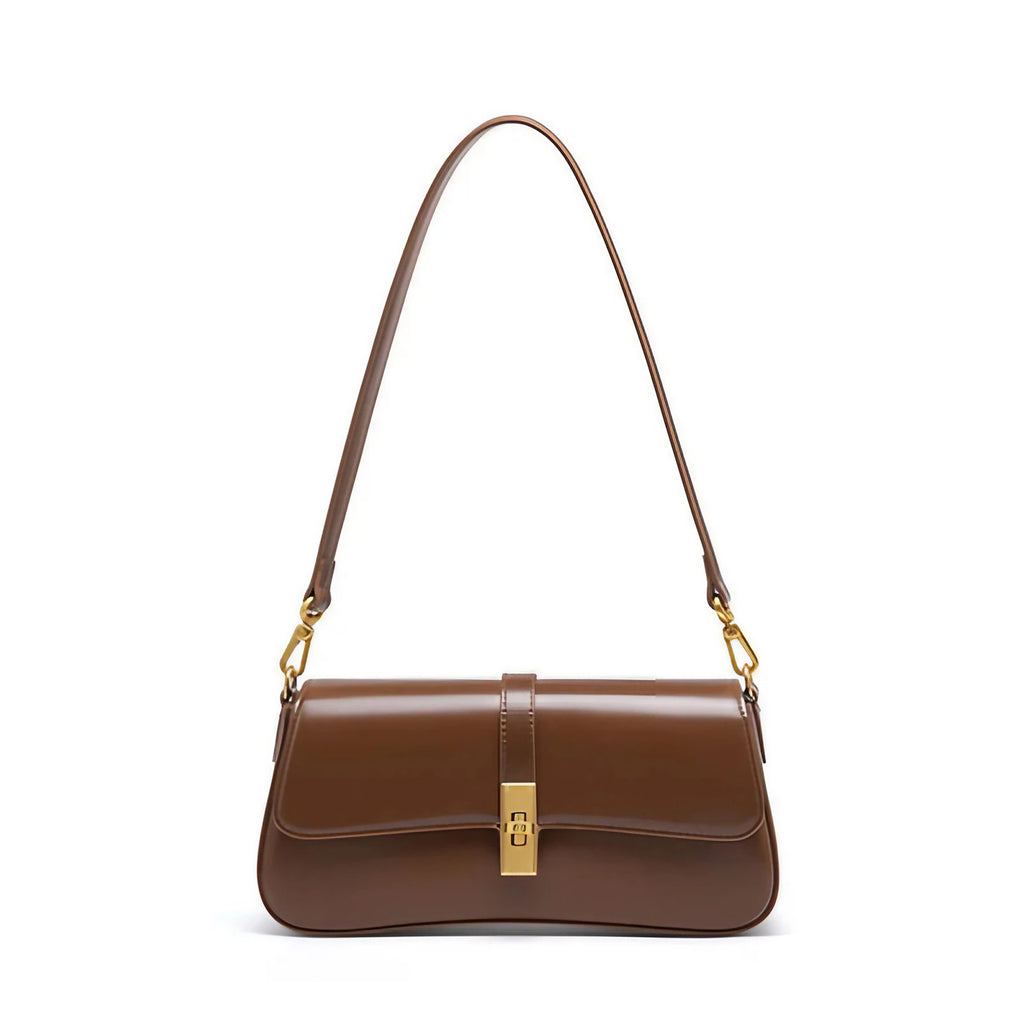 Sac bandoulière femme marron en cuir fendu, rabat à loquet doré, marron