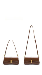 Sac bandoulière femme marron en cuir fendu, rabat à loquet doré