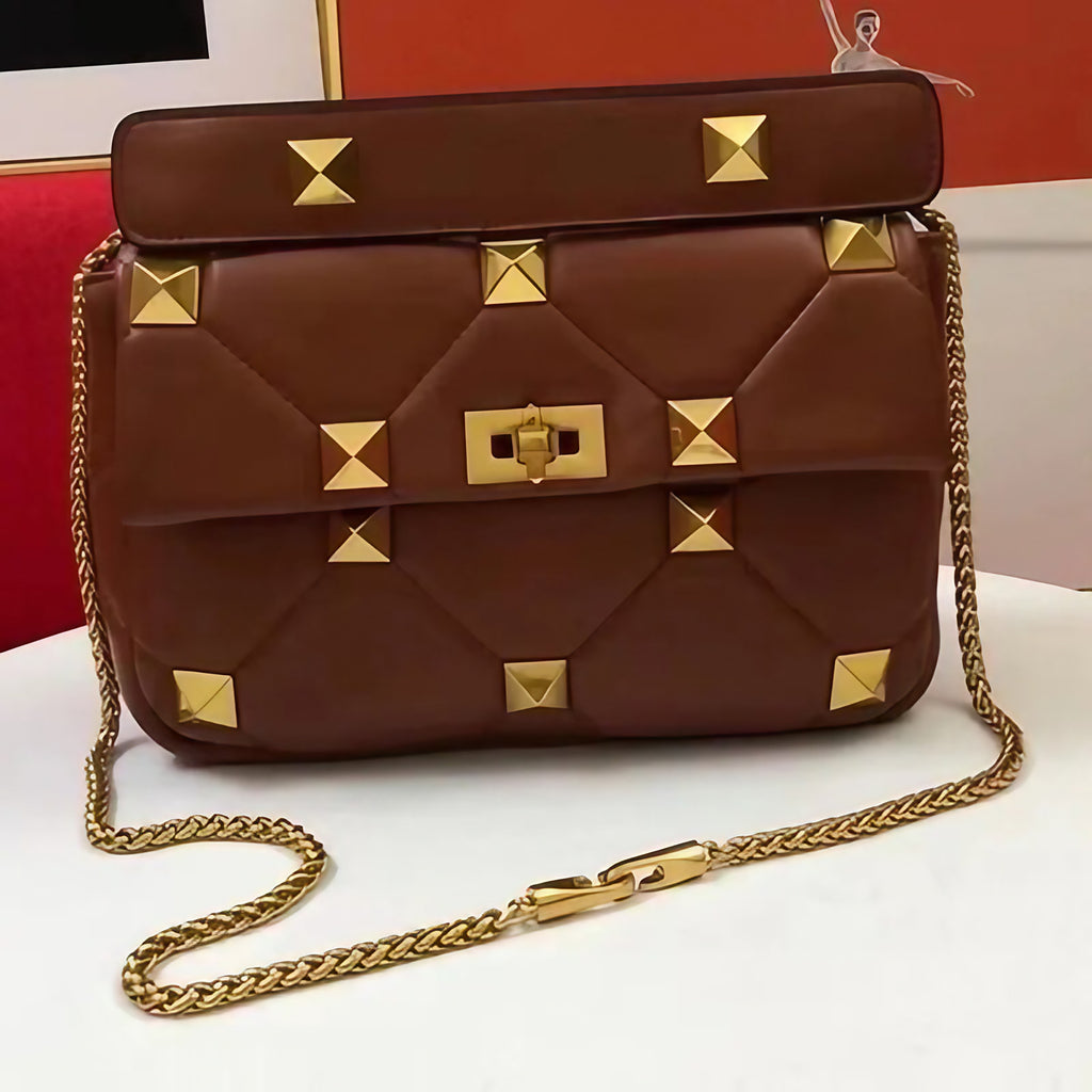 Sac bandoulière femme à clous et chaîne amovible, huit coloris, marron