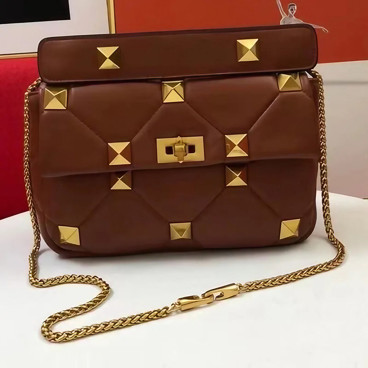 Sac bandoulière femme à clous et chaîne amovible, huit coloris, marron