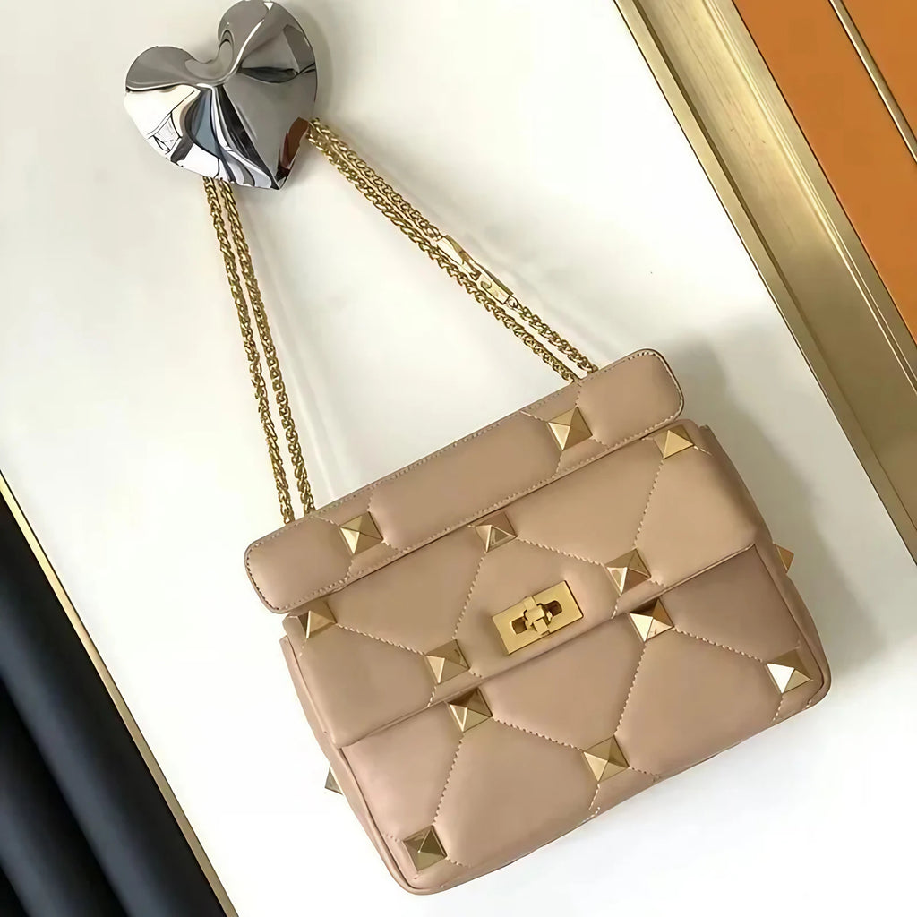 Sac bandoulière femme à clous et chaîne amovible, huit coloris, beige