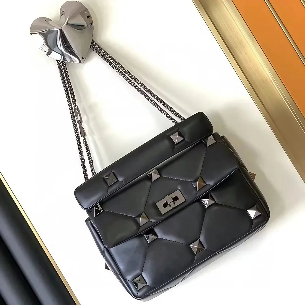 Sac bandoulière femme à clous et chaîne amovible, huit coloris, noir et argent