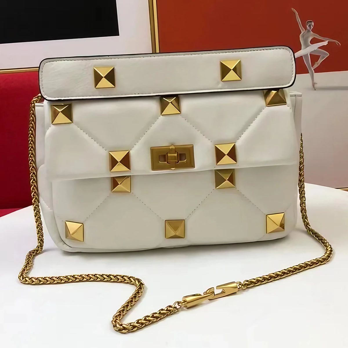 Sac bandoulière femme à clous et chaîne amovible, huit coloris, blanc