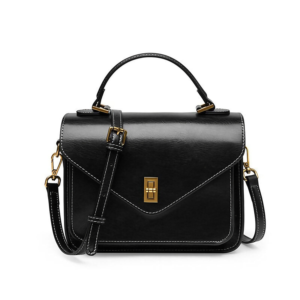Sac bandoulière femme en cuir à poches zippées, 23 cm, noir