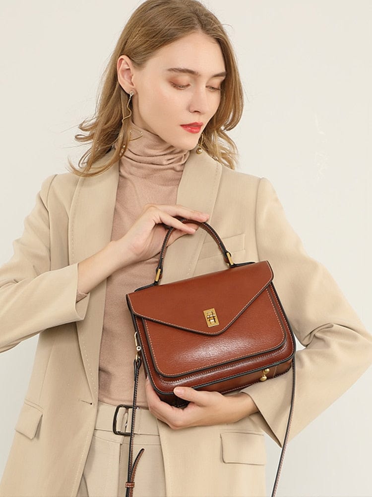 Sac bandoulière femme en cuir à poches zippées, 23 cm