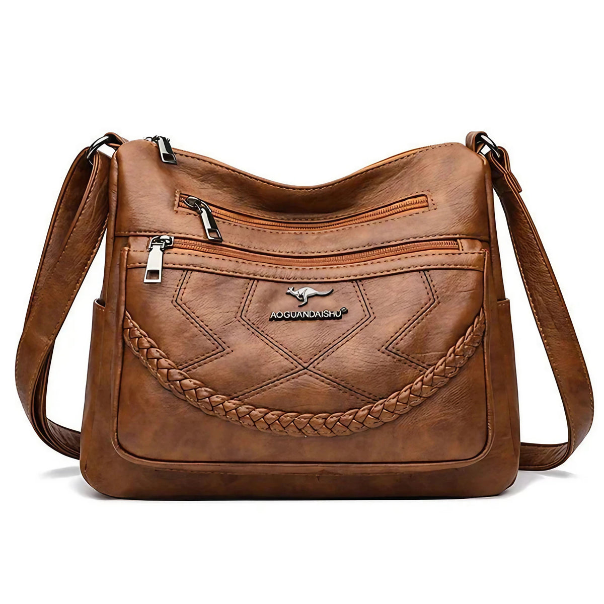 Sac bandoulière femme zippé à bouton aimanté, quatre coloris, brun
