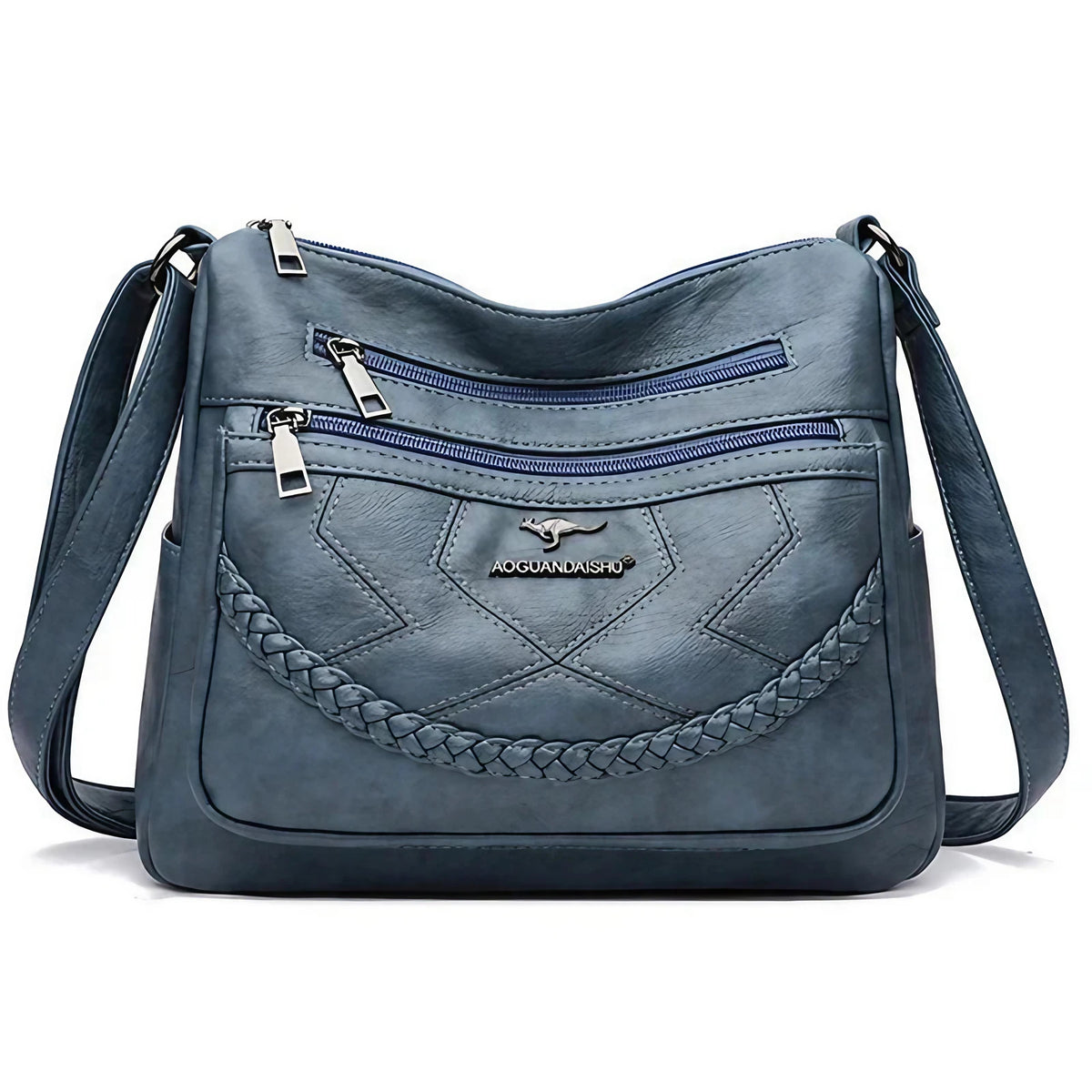 Sac bandoulière femme zippé à bouton aimanté, quatre coloris, bleu