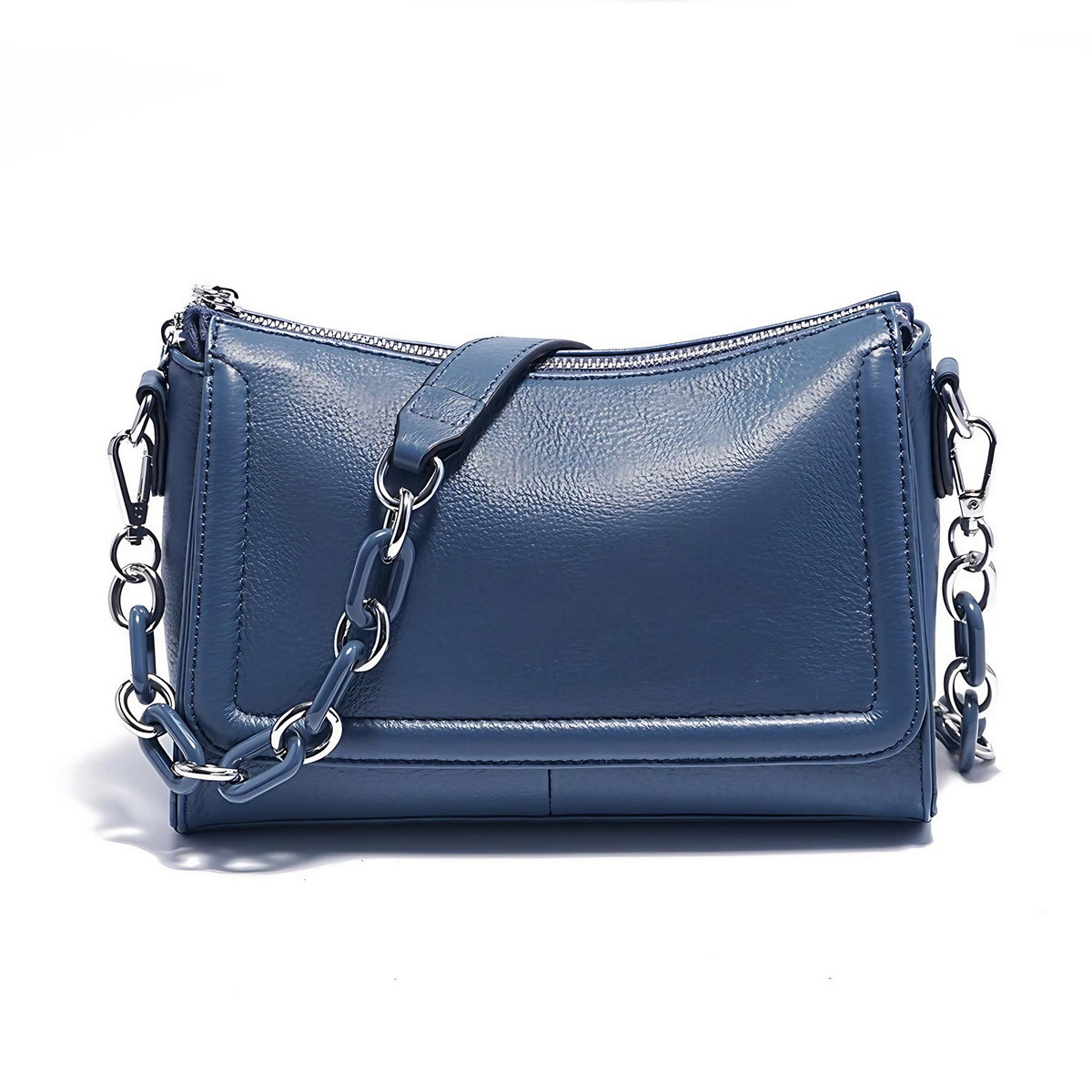 Sac bandoulière femme à deux sangles, chaîne à gros maillons, bleu