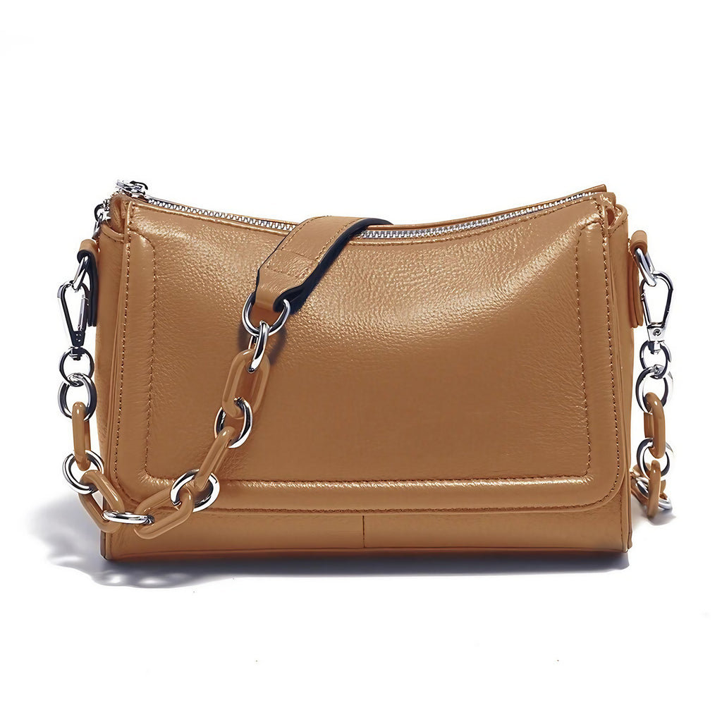 Sac bandoulière femme à deux sangles, chaîne à gros maillons, camel