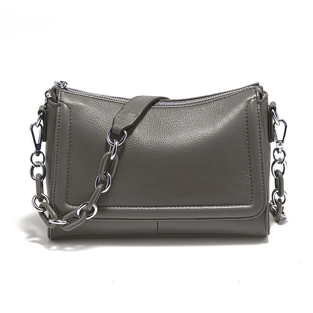 Sac bandoulière femme à deux sangles, chaîne à gros maillons, gris
