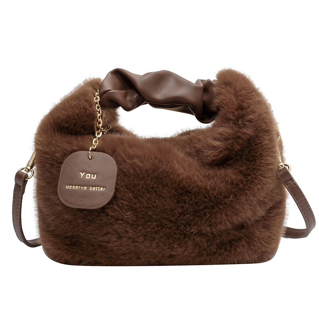Sac bandoulière femme en fausse fourrure, anse froncée, cinq coloris, marron foncé