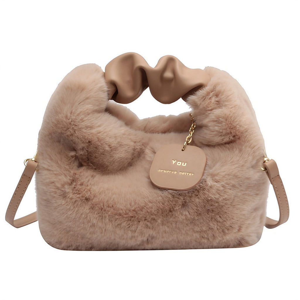 Sac bandoulière femme en fausse fourrure, anse froncée, cinq coloris, beige