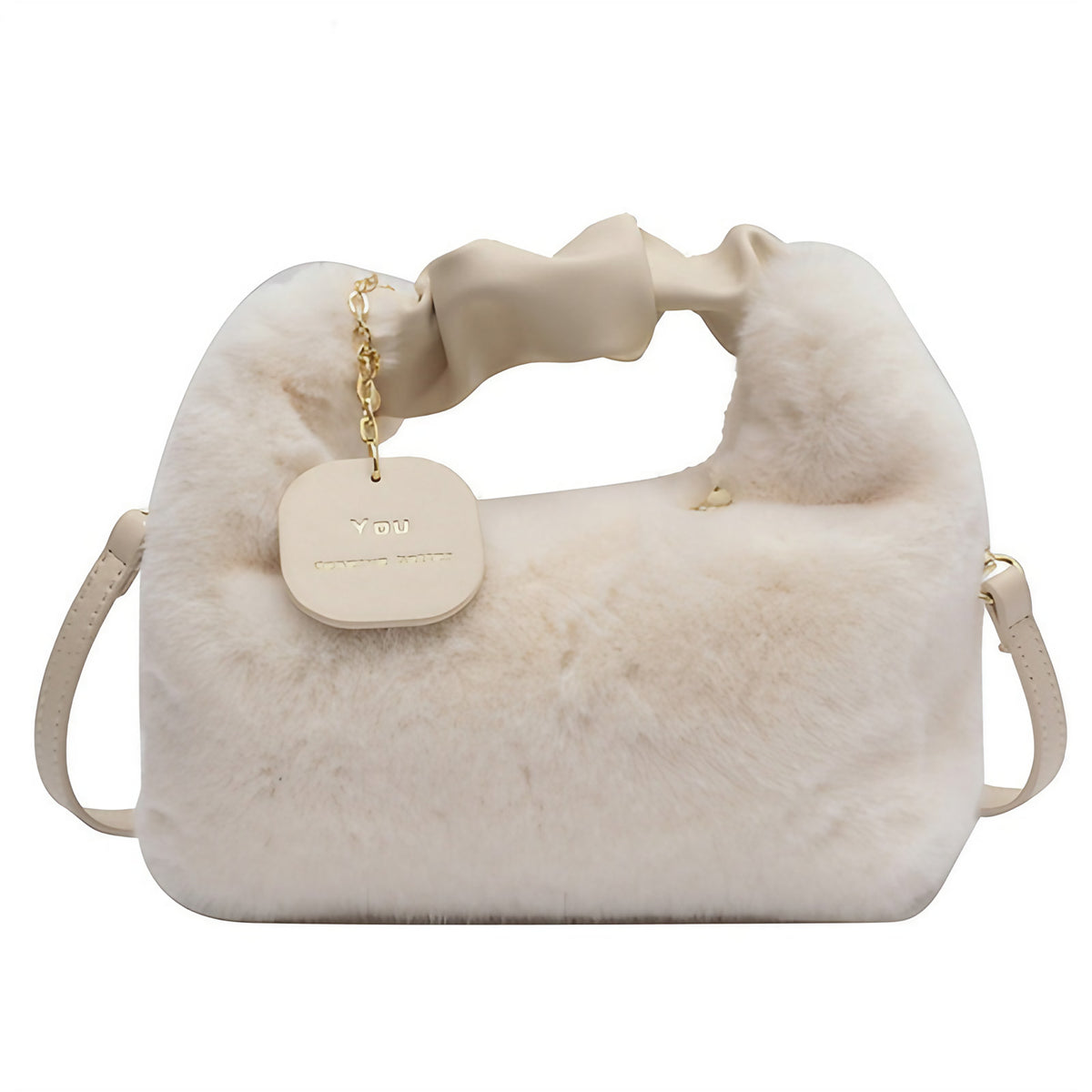 Sac bandoulière femme en fausse fourrure, anse froncée, cinq coloris, blanc