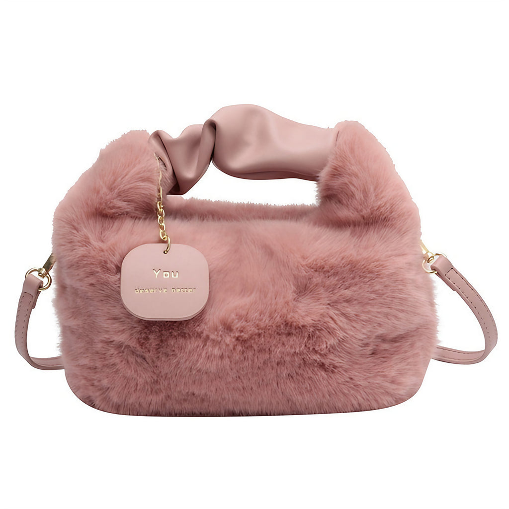 Sac bandoulière femme en fausse fourrure, anse froncée, cinq coloris, rose