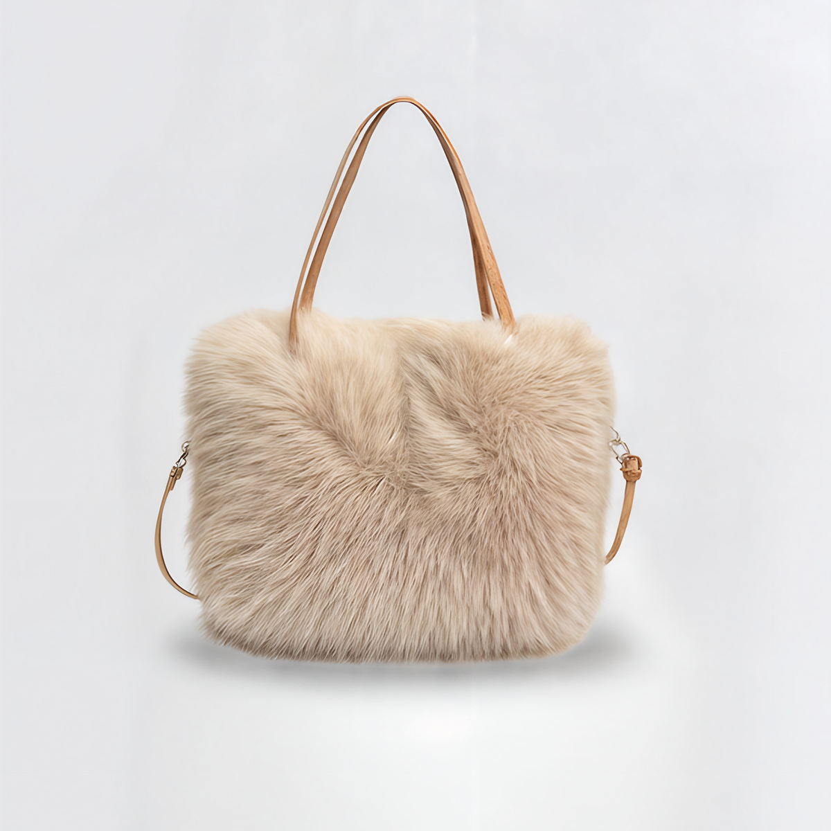 Sac porté épaule femme en fausse fourrure, beige, zippé, beige