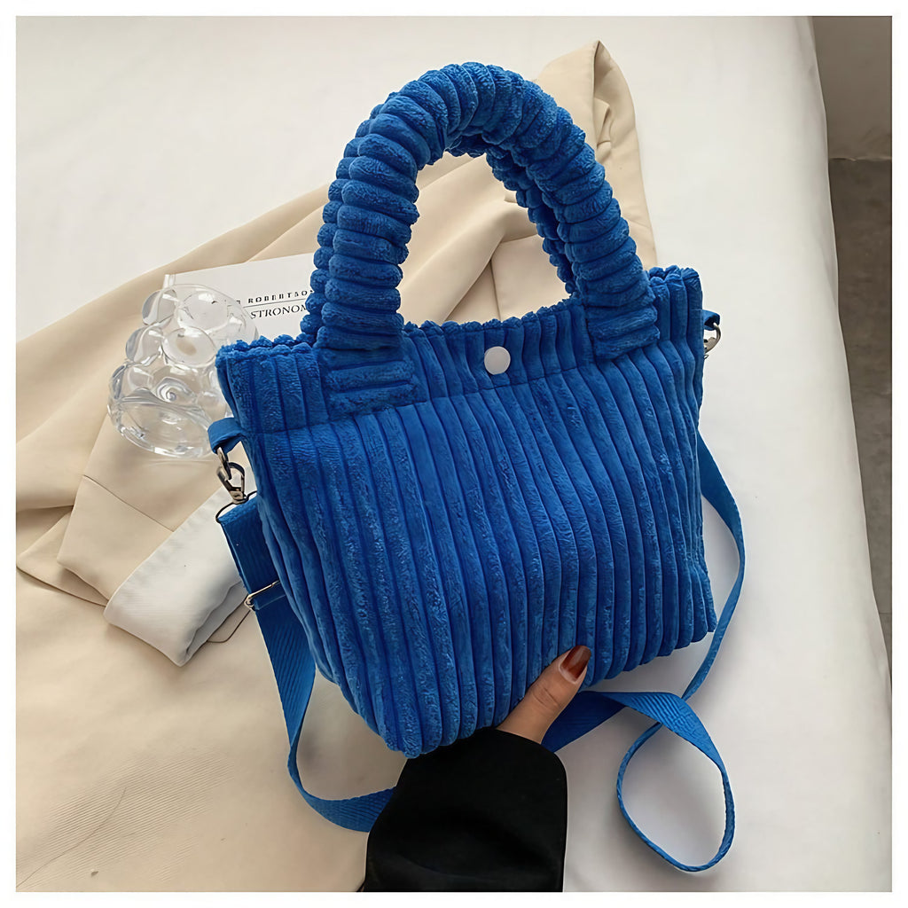 Sac bandoulière femme en velours côtelé, forme trapèze, six coloris, bleu