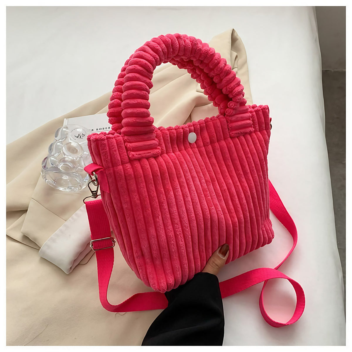 Sac bandoulière femme en velours côtelé, forme trapèze, six coloris, rose