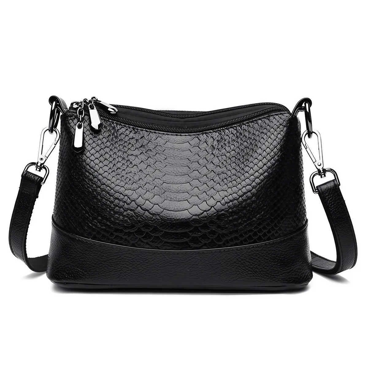 Sac bandoulière femme effet croco, trois compartiments zippés, noir
