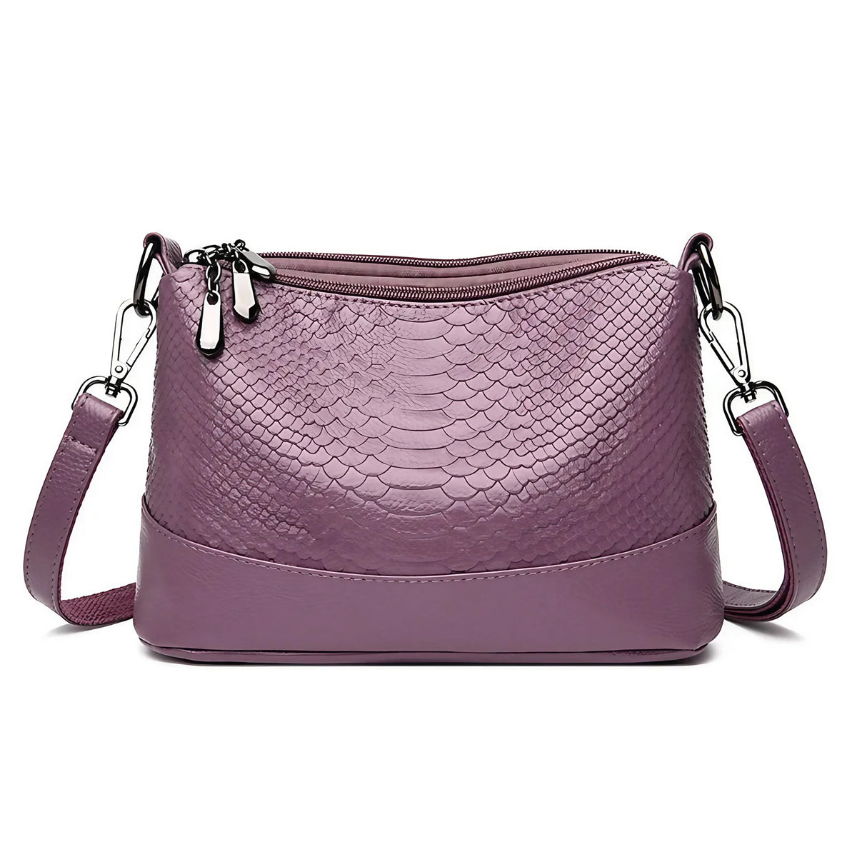 Sac bandoulière femme effet croco, trois compartiments zippés, violet