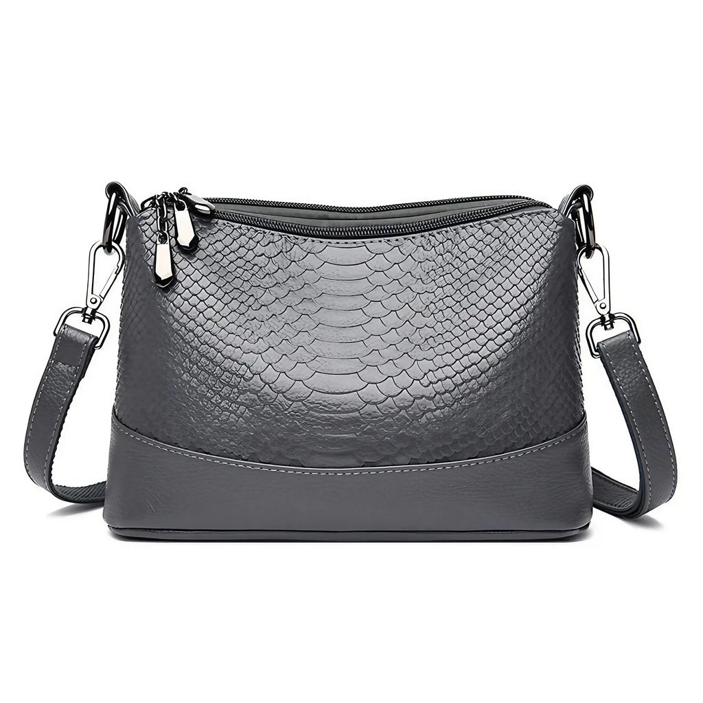 Sac bandoulière femme effet croco, trois compartiments zippés, gris