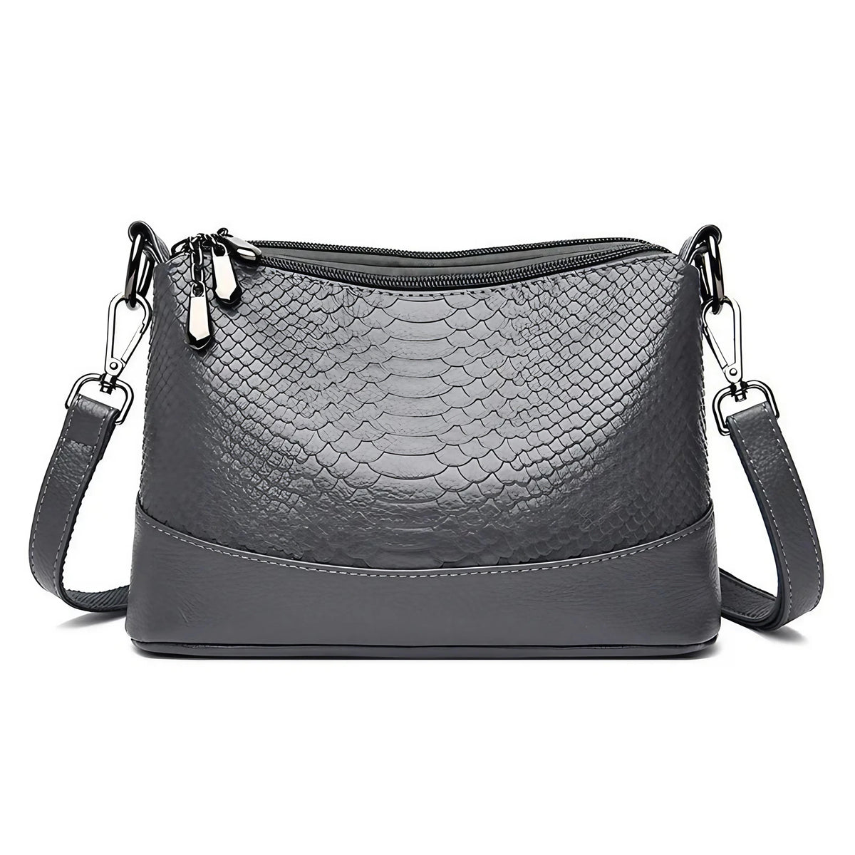 Sac bandoulière femme effet croco, trois compartiments zippés, gris