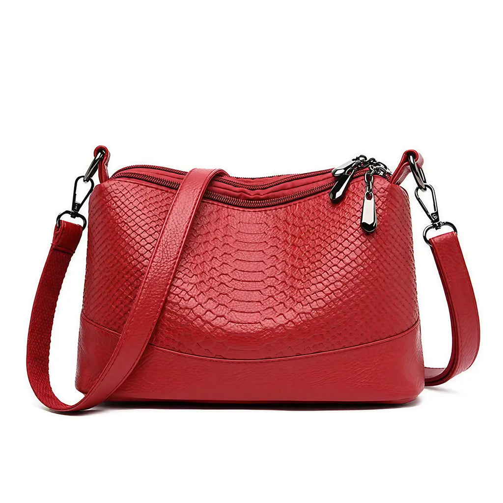 Sac bandoulière femme effet croco, trois compartiments zippés, rouge