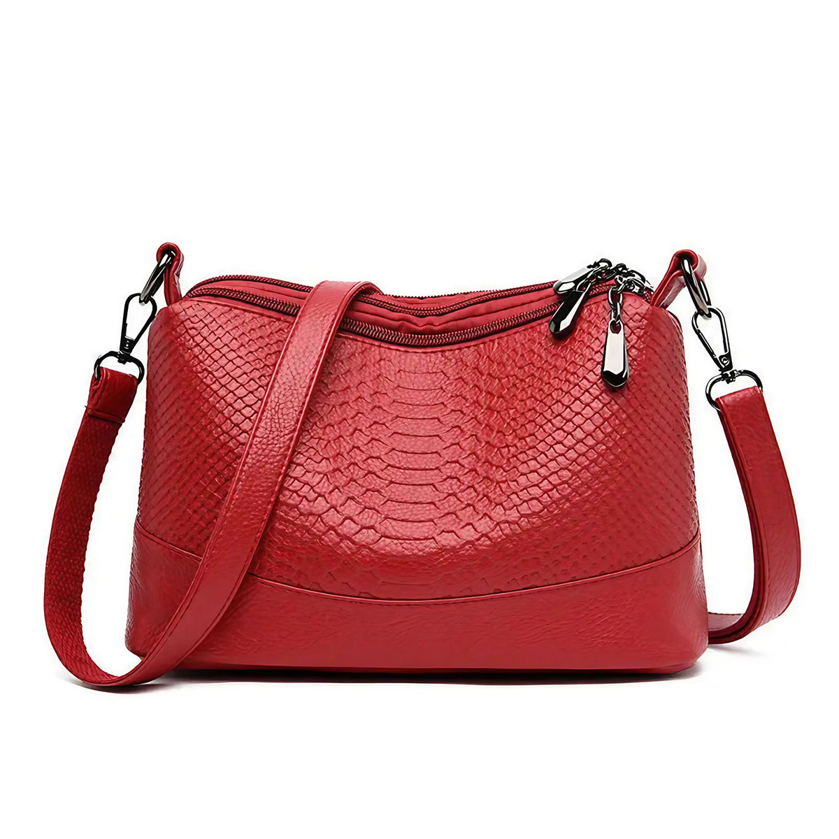 Sac bandoulière femme effet croco, trois compartiments zippés, rouge