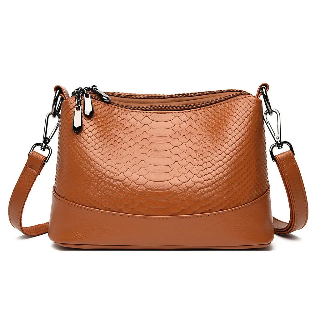 Sac bandoulière femme effet croco, trois compartiments zippés, camel