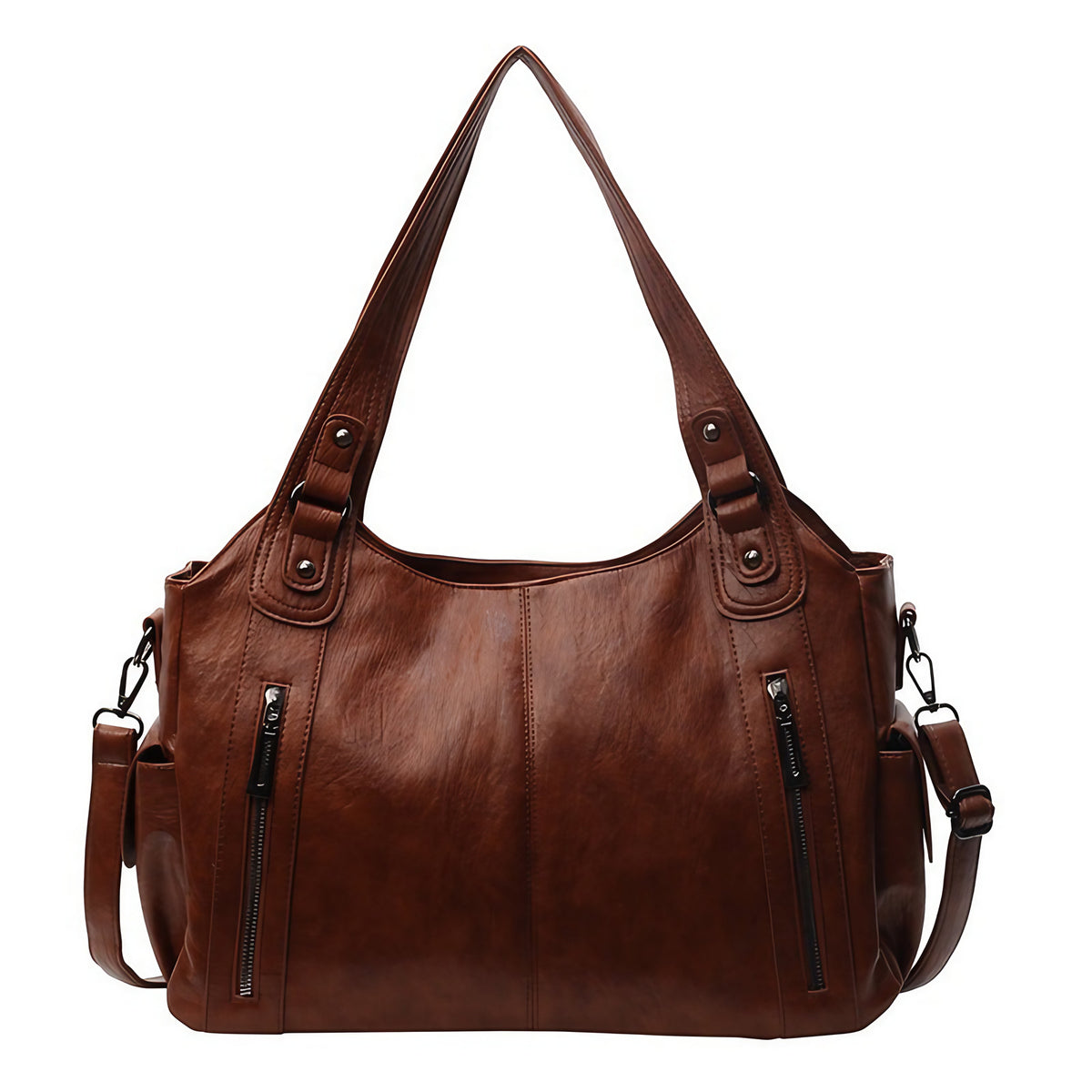 Sac bandoulière femme en similicuir, fermeture zippée, réglable, marron clair
