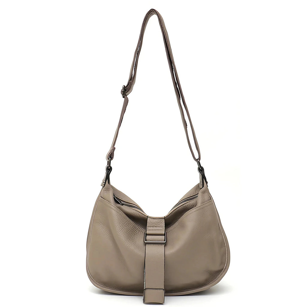 Sac besace femme grand format, finition grainée, 32 x 23 cm, beige