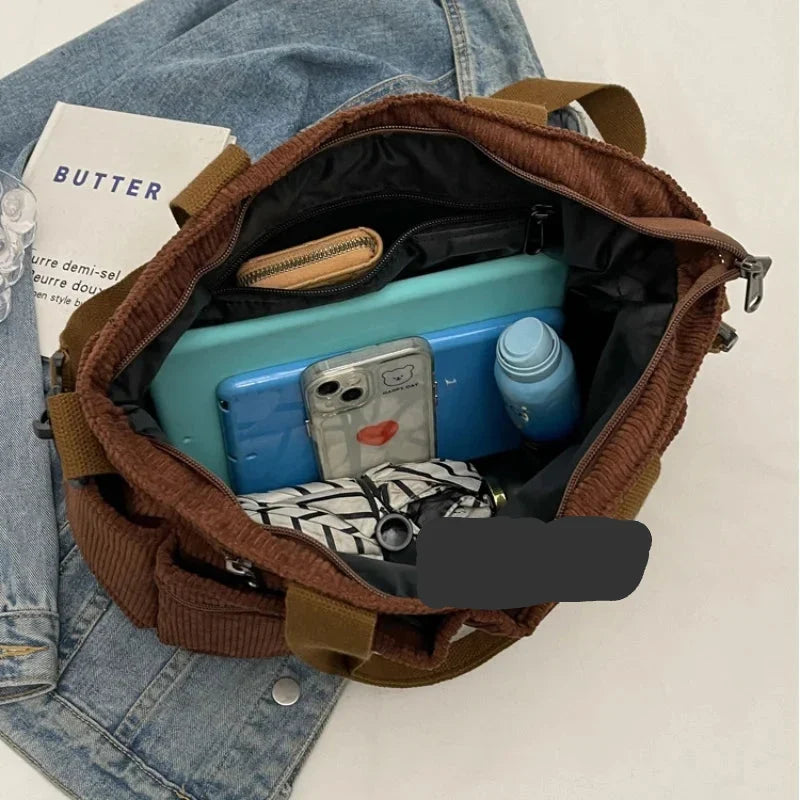 Sac cabas femme aspect velours côtelé, cinq poches extérieures
