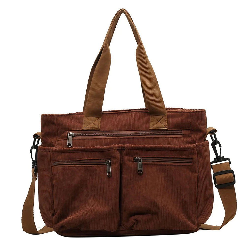 Sac cabas femme aspect velours côtelé, cinq poches extérieures, marron