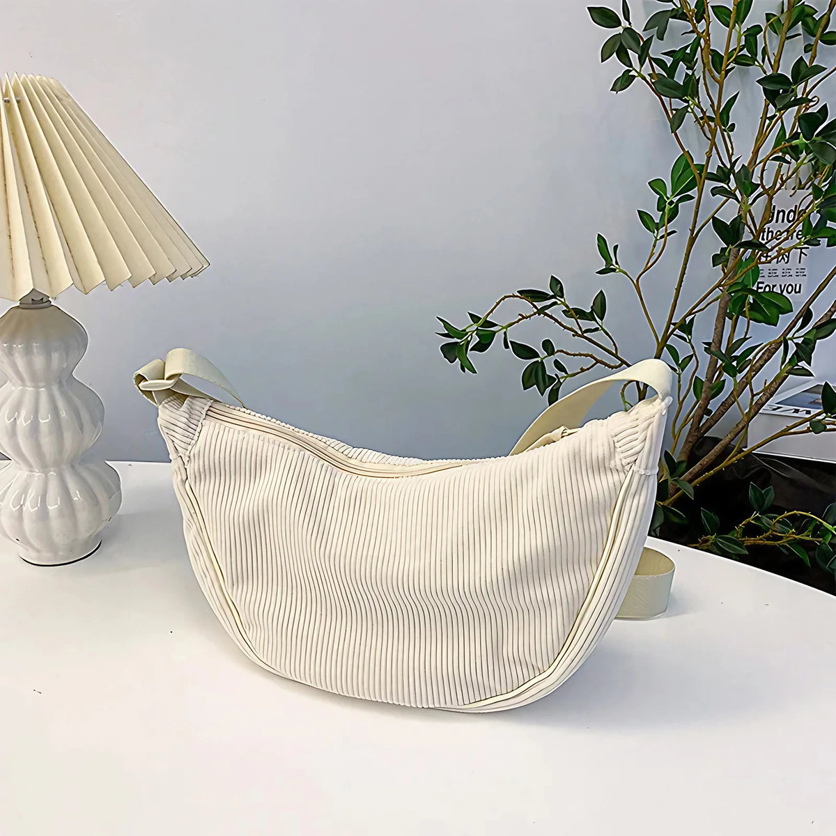 Sac bandoulière femme en velours côtelé, 34 x 17 cm, beige